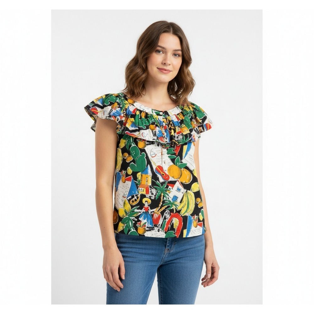 J.Crew Postcard Ruffle Popover Blouse Womens 4 Tropical Travel Resort Whimsical